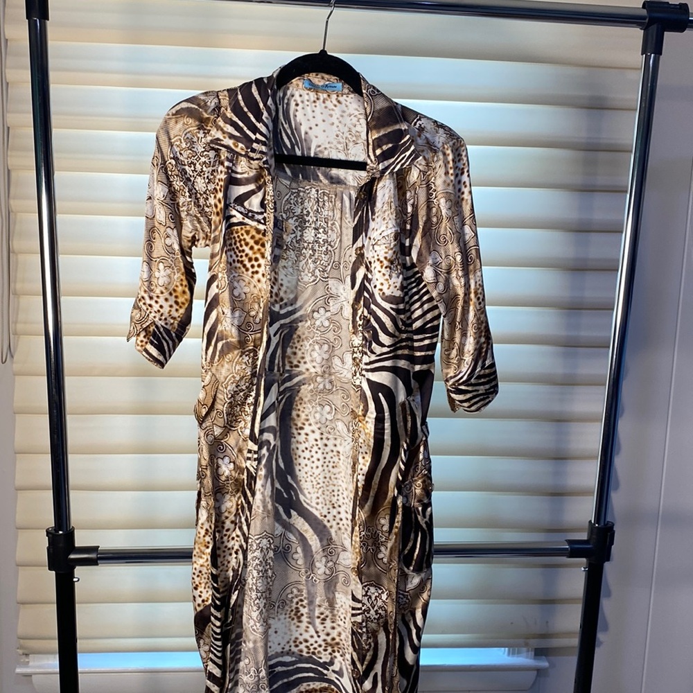 GUESS BY MARCIANO 100% silk zebra leopard shirt dress shades of brown EU42 USA S